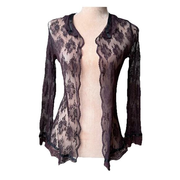 Whimsygoth Burgundy Sheer Lace Blouse Romantic Witchy Long Sleeve Top Coquette - Picture 2 of 10